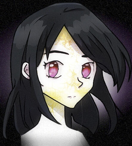 a manga-style headshot drawing of a girl with pink eyes, wavy black hair, and faded yellow burn scar patterns across her face. she has a neutral expression, and the image has a film grain effect applied.